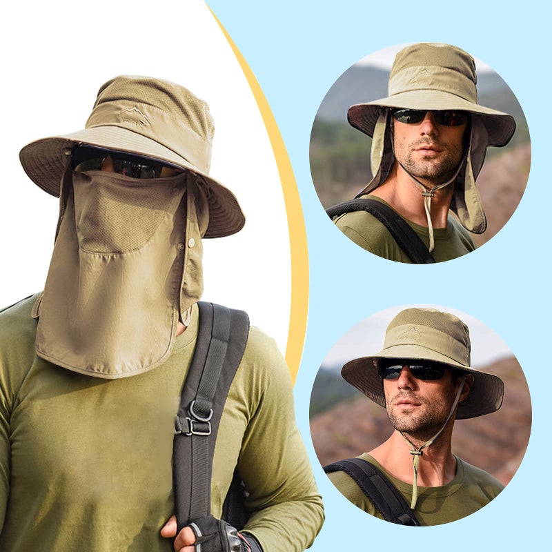 Outrip Fishing Hat for Men & Women, Outdoor UV Sun Protection Wide Brim Hat with Face Cover & Neck Flap Khaki - Image 5